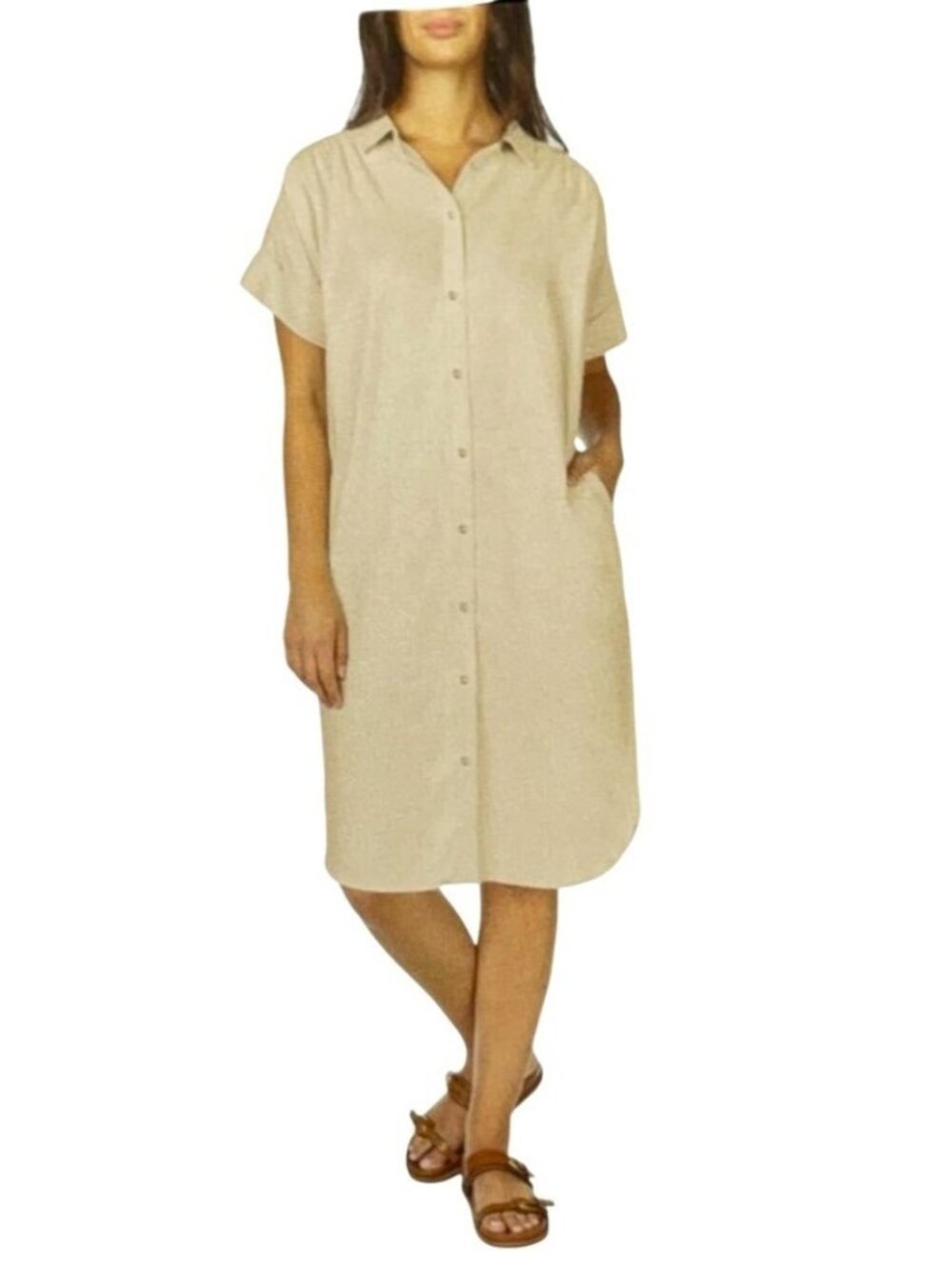 NWT Well Worn Women's M Tan Linen Blend Button-Down Shirt Dress  P0777